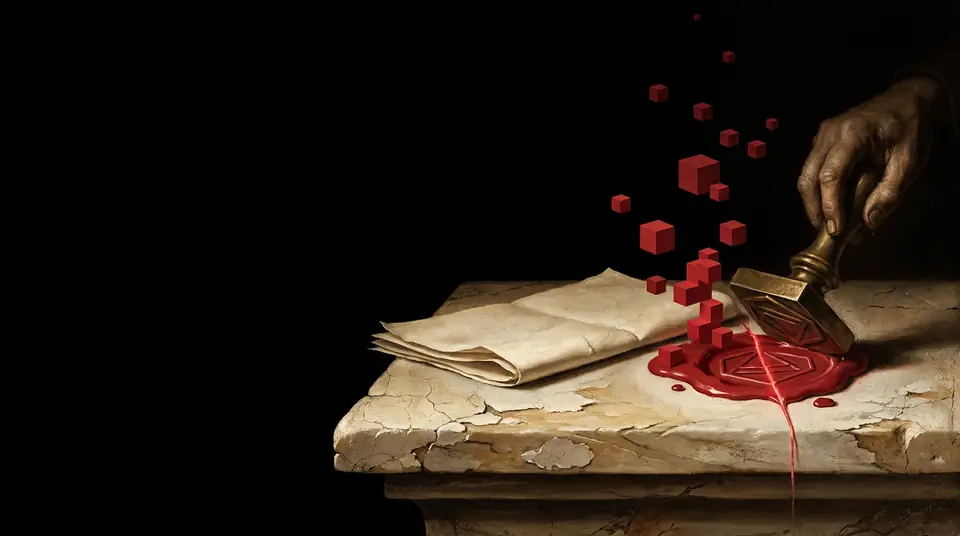 A bronze signet press lifting from a fresh seal of crimson wax, the impression just struck and dissolving into red pixels.