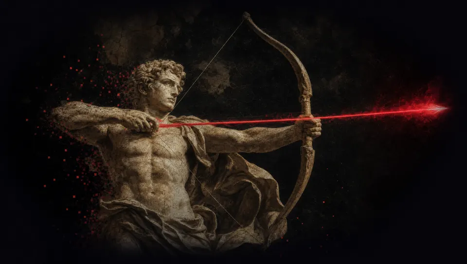 An archer loosing an arrow of crimson light toward its mark in the dark.