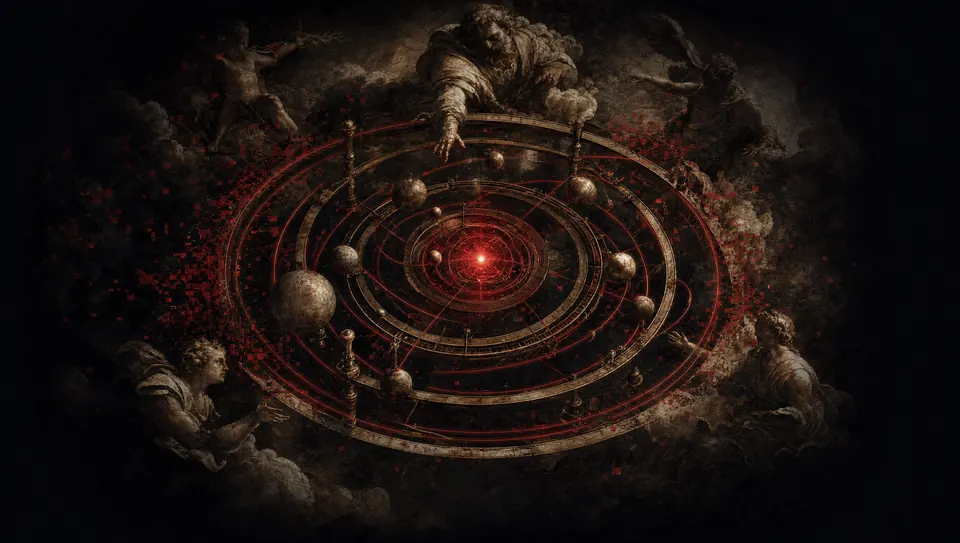 An orrery of stone orbits converging on one bright crimson point.