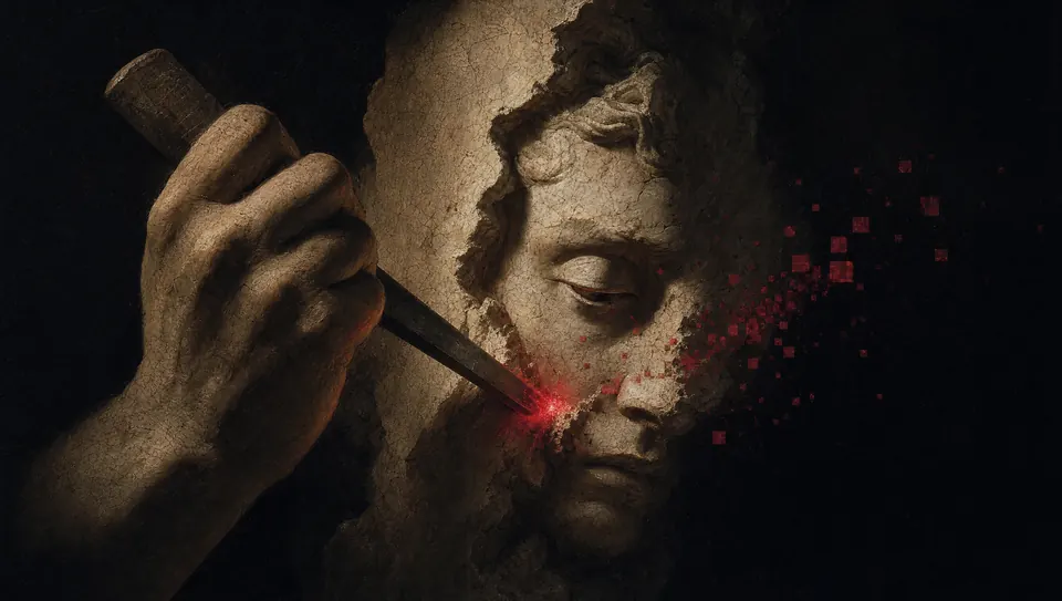A chisel striking marble with a crimson spark as a face emerges — identity carved into being