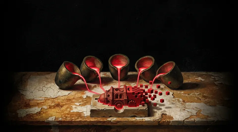Five bronze crucibles pouring molten crimson into a single mold, where a half-formed machine assembles itself and dissolves into red pixels.