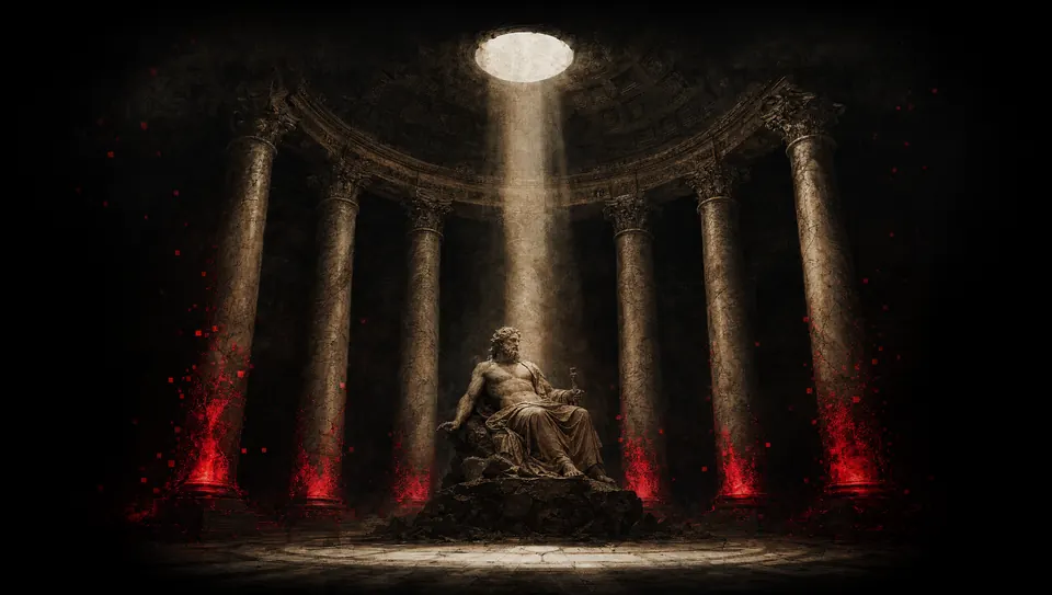 A dark pantheon of seven marble columns lit from below in crimson — the Sacred Stack
