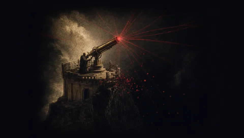An observatory telescope in darkness, fine crimson threads converging from every corner into a single point of light.