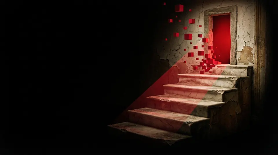 Five marble steps rising out of darkness toward a lit doorway, the topmost step dissolving into red pixels — the five stages of the Sacred process.