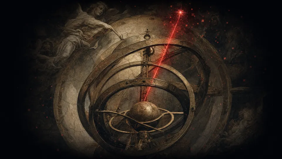 A bronze astrolabe with a line of crimson light climbing its rings.