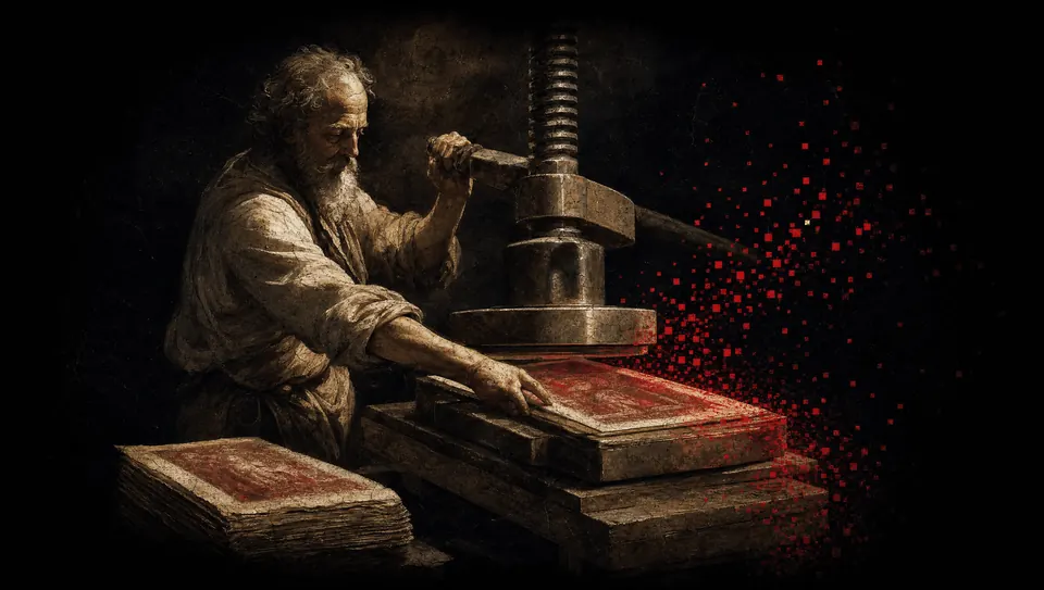 An antique printing press throwing hard-edged red pixels off freshly pressed sheets.