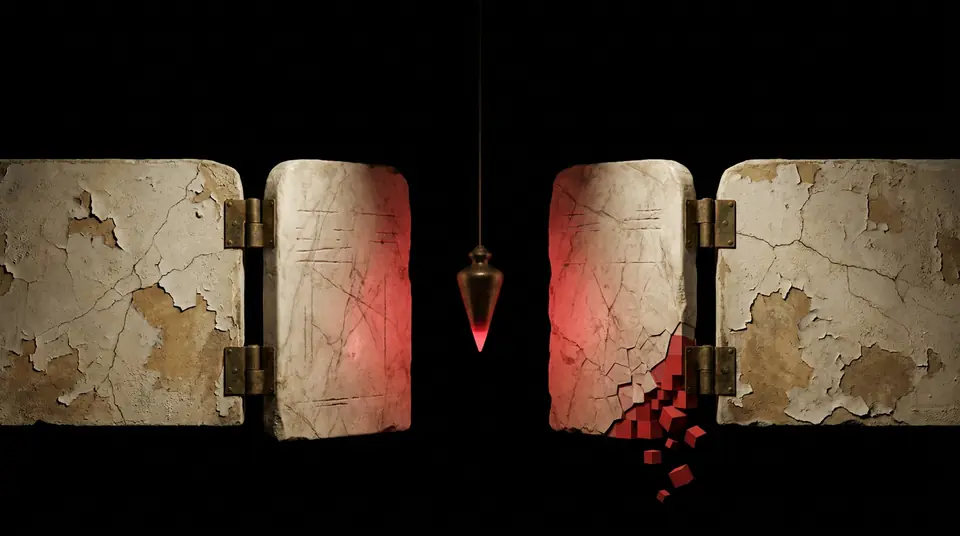 Two matched marble tablets hinged in bronze with a plumb bob hanging dead centre between them.