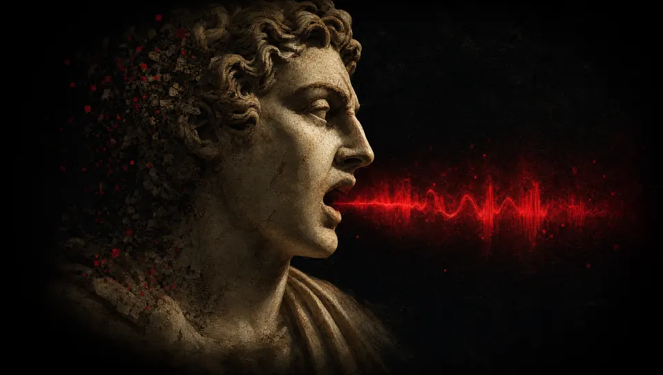 A marble bust speaking a crimson soundwave into the dark, the shoulder breaking into red pixels.