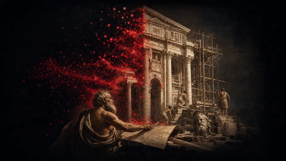 A marble facade assembling itself out of a swirl of crimson pixels.
