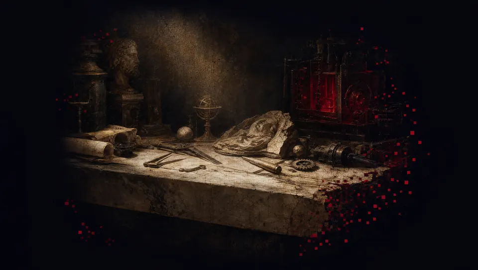 A dark Renaissance workshop lit by one shaft of light — the systems running unattended